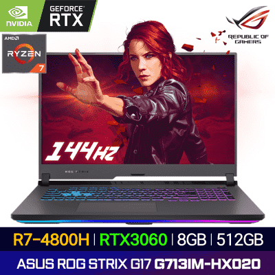 르누아르노트북 ASUS ROG STRIX G713IM-HX020 게이밍 노트북 RTX3060 그래픽 고사양, ROG Strix G17 G713IM-HX020, Free DOS, 8GB, 512GB, AMD Ryzen 7 4800H, 이클립스 그레이